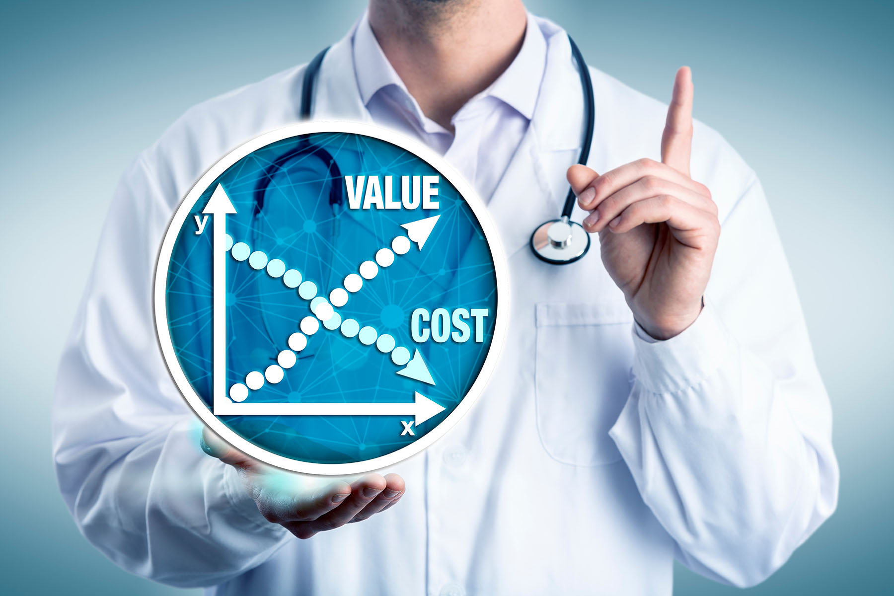 Young clinician representative advising to consider the cost versus value of medicine. Health care concept for economic cost-effectiveness analysis, driving down medical costs, improved access.