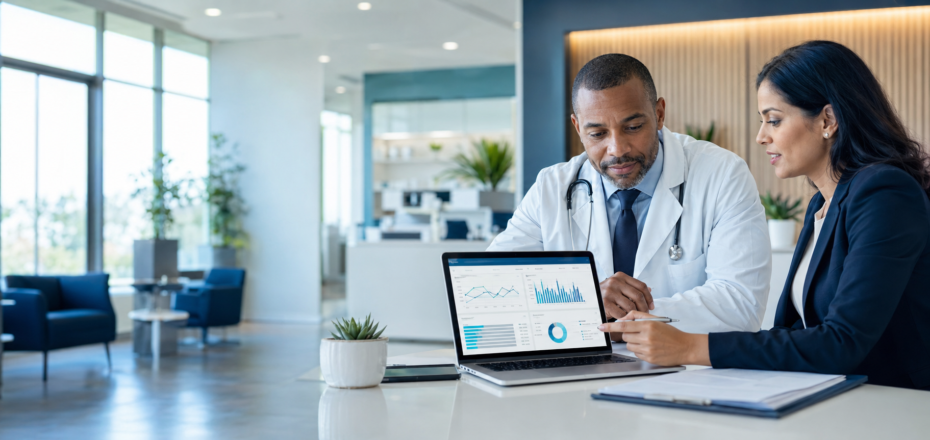 Physician and revenue cycle specialist reviewing medical billing performance