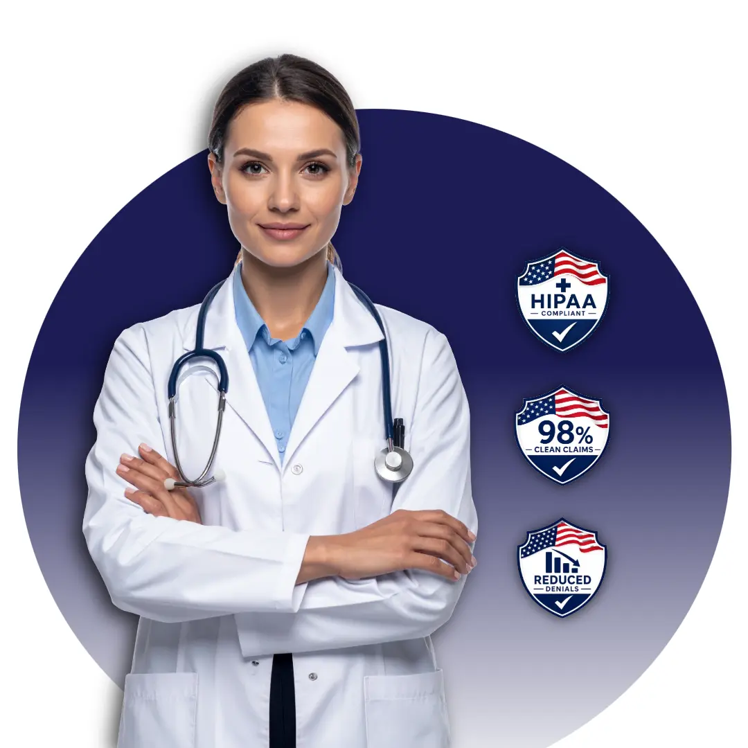 Professional female doctor representing HIPAA-compliant medical billing, revenue cycle management, credentialing, and healthcare practice support services in the USA.
